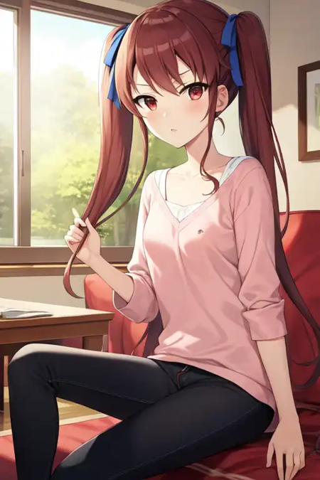 akazawaizumi, hair ribbon, casual, sitting, living room