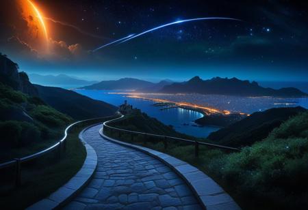 At night in the foreground is an intricate stone path curving downwards down a mountain towards the large coastal city in the background. Green shimmering fireflies sparsely line the path towards the city in the background that is built from white stone, with organic, flowing architecture illuminated by soft silver night light from the high rooftops. Crystals throughout the city emanate a gentle white glow, while heavy shadows darken the streets which are sparsely lit. The night sky is dark with an orange-toned atmosphere (red, orange, white, soft blues), violent solar storm above, arcs of space lightning crackling through the charged atmospheric haze, in the sky: a massive celestial body looms with smaller celestial bodies orbiting it, feeding off the glowing gases of a nearby nebula, tendrils of cosmic gases stretching between them, surreal space sky filled with stars and interstellar dusts suggesting this is an alien world. The streets are empty, adding to the serene, mystical atmosphere. The wonderfully constructed buildings spire in a grandiose show of power. It's part castle part city.
(masterpiece, cinematic composition, moody lighting, soft glow, epic fantasy setting, volumetric light, hyper-detailed environment, intricate textures, dramatic shadows, ultra-sharp focus, depth of field, stunning visual aesthetics, highly immersive scene,  cinematic sci-fi concept art, illustrated by Raphael Lacoste and Syd Mead).