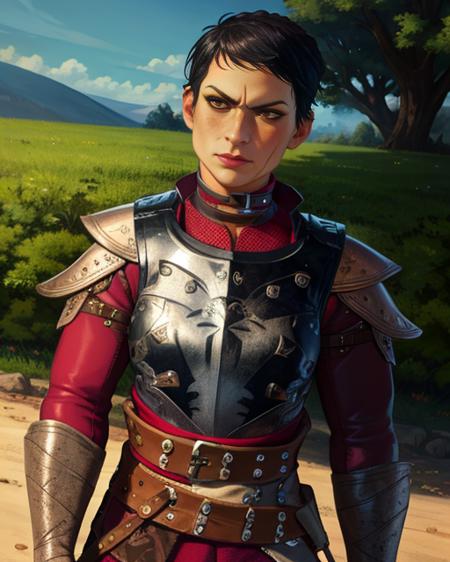 Cassandra,brown eyes,freckles,scar on face,very short black hair,makeup, solo, upper body,  serious expression, mouth closed, 
CasAr,brown gauntlets,breastplate,belt,armored boots, red shirt with purple sleeves, stitched  purple pants,
near a training dummy, outside, morning, 
(insanely detailed, beautiful detailed face, masterpiece, best quality)    <lora:Cassandra:0.8>