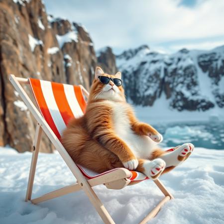 A cat wearing sunglasses, lounging on a mini beach chair, snow hill