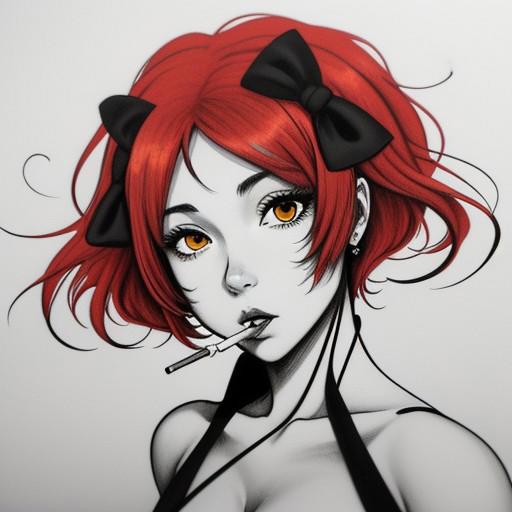 ink. Pencil black and white
Beautiful girl redhead anime style. Anime style. Smoking. Mature content. Black, white, red, orange colors. Shapes and dynamic in background Outlines -- --