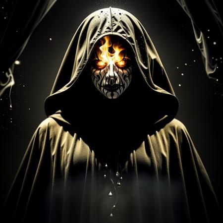 horror film style the image portrays a dark and enigmatic figure, clad in a long cloak that obscures their identity. the figure is situated within a circular motif composed of splattered black ink, reminiscent of an ethereal halo or aura surrounding them. this motif encircles the figure, further emphasizing its significance. the backdrop consists of yellowish splatters, which contrast with the darker tones of the figure and the black motif. these splatters are scattered across the canvas, creating a sense of chaos and unpredictability. overall, this artwork exudes a mysterious and dramatic atmosphere, leaving viewers to speculate about the identity and intentions of the cloaked figure at its center. . suspenseful music, dark visuals, supernatural events, jump scares 
photography. Natural geographic photo. trending on artlist, Hyper-realistic, 16k resolution, intricate details.
(masterpiece, award winning artwork)
many details, extreme detailed, full of details,
Wide range of colors, high Dynamic
 OverallDetailXL
<lora:add-detail-xl:0.95>
<lora:WildcardX-XL-Detail-Enhancer:0.9>
<lora:xl_more_art-full_v1:0.2>
<lora:ElementsMixSDXL:1> ElementsMix, fire, water, wind, earth