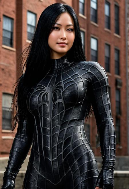 score_9, score_8_up, score_7_up, best quality, realistic, masterpiece, beautiful detail, hyperrealistic, afternoon sky, ((1girl, woman body, big breasts)), amazing detailed full body portrait of a beautiful japanese girl, wearing a realistic and highly detailed black raimi spider-man suit, ((huge muscular girl)), professional model wears ultra - detailed black raimi spider - man suit, ultra - detailed and grained black raimi spiderman suit, suit covered entire body and hand, black spiderman gloves, wet, (long black hair, middle part, pale black eyes, looking at viewer, seductive pose, smile), (full body), (dirty skin), close up, octane render, highly detailed, volumetric, dramatic lighting, (highest quality:1.1), (HDR:1.3), (top quality, best quality), realistic, high definition,