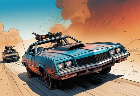 candid view, mad max style, interceptor car chase, epic, action, cinematic, motion trails, colored inked, comics, graphic novel illustration, flat colors, highly detailed, large gradient, paper texture, go pro, color graded illustration, comics page, scoundrel