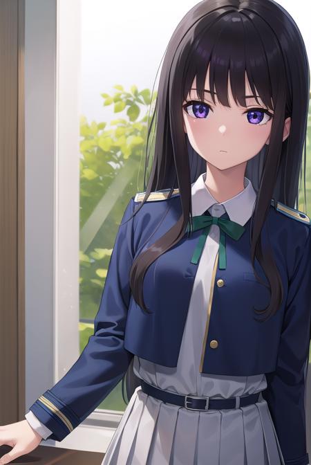 takinainoue, <lora:takinainoue-lora-nochekaiser:1>, 
inoue takina, long hair, bangs, black hair, (purple eyes:1.2),
BREAK shirt, long sleeves, dress, ribbon, school uniform, white shirt, collared shirt, belt, neck ribbon, blue dress, green ribbon, pleated dress, grey dress, two-tone dress, blue belt, lycoris uniform,
BREAK indoors, restaurant,
BREAK looking at viewer, (cowboy shot:1.5),
BREAK <lyco:GoodHands-beta2:1>, (masterpiece:1.2), best quality, high resolution, unity 8k wallpaper, (illustration:0.8), (beautiful detailed eyes:1.6), extremely detailed face, perfect lighting, extremely detailed CG, (perfect hands, perfect anatomy),