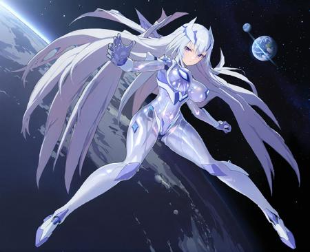 masterpiece,best quality,ultra detailed,(1girl:1.2),female focus,serious,universe background,planets,dusk,<lora:DiamondLoraXL-000004:1>,white long hair,transparent skin,bodysuit,breasts,full body,fighting pose,fighting with enemies in the outer space,mecha armor