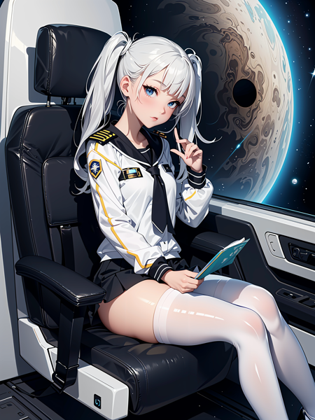 (masterpiece, top quality, best quality, official art, beautiful and aesthetic:1.2),(science fiction), (1girl), extreme detailed,(fractal art:1.3),(space and Jupiter),(Sit on the seat),(in space warship),(in naval bridge),colorful,highest detailed,twin tail,silver hair,floating hair,poker face,White military costume and tie,(white clothes),tight skirt,ensign,((White tights up to the thighs)),Black High Heels,shiny skin,while studying,cute