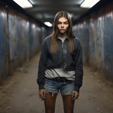 <lora:thylane_blondeau_xl_lora :1>  thylane blondeau A half body Portrait of a young woman, skinny, abs, flat chest, small breasts, dirty, tattoo, scratches, wearing Restrictive straight jackets or straitjacket-inspired designs . a dimly lit underground bunker, where survivors huddle together and rely on candlelight to see each other's faces. , realistic, photo-realistic, 8k, highly detailed, full length frame, High detail RAW color art, diffused soft lighting, shallow depth of field, sharp focus, hyperrealism, cinematic lighting