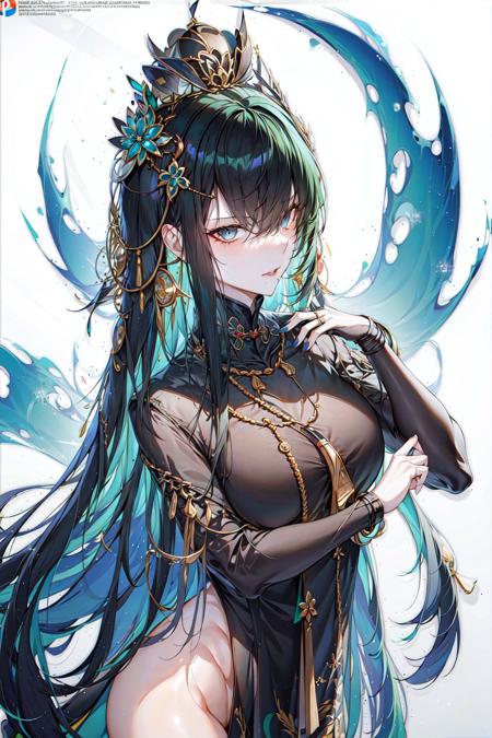 masterpiece, best quality, 1girl, black_hair, blue_eyes, chinese_clothes, gradient,jewelry, gradient_background, green_hair, hair_between_eyes, hair_ornament, long_hair, looking_at_viewer, mole, parted_lips, solo, upper_body, watermark, web_address,wet clothes,[nsfw] <lora:LightLine:0.6>,  <lora:Qu:0.6>