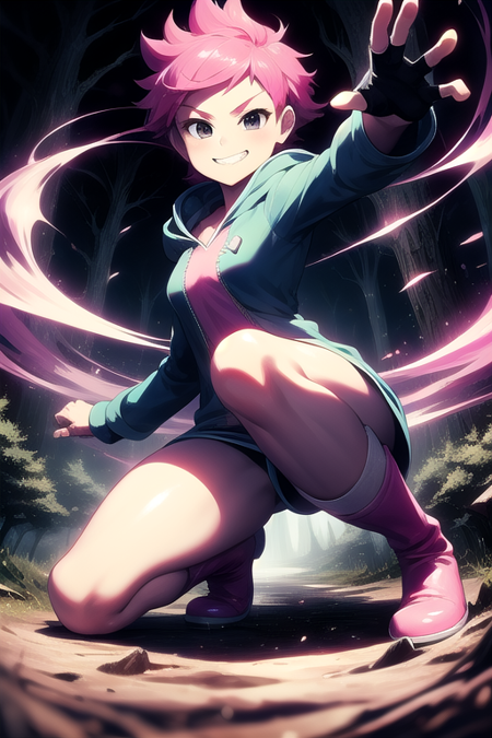 Kumatora, pink hair, black eyes, hoodie, blue hoodie, short hair, tomboy, pink boots, spats, fingerless gloves, thighs, smug grin, forest background, dynamic pose, <lora:PsionicMagic-20:0.8>,