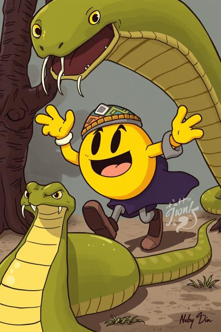 illustration of pacman dressed as a Moroccan snake charmer running away from a big snake, cartoon, detailed,