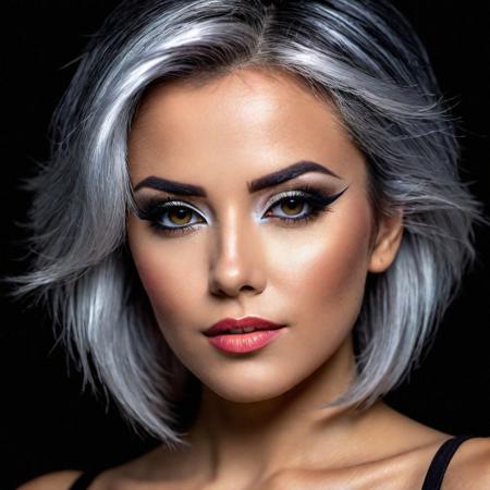 (hdr, dark shot:1.2), closeup portrait photo of beautiful woman, 25 years ols, makeup, dramatic eyeliner, vibrant silver hair, punky, sexy, simple black background, 8k uhd, high quality, dramatic, cinematic, vibrant colors, high contrast, (natural skin texture, hyperrealism, soft light, sharp)