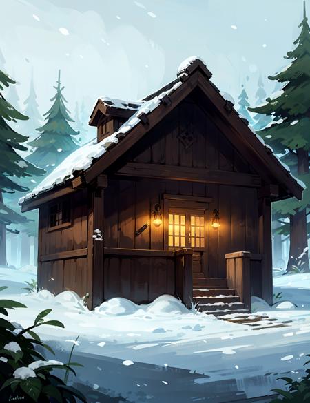 <lora:Evulchibi:0.7>, Evulchibi,
snow field, cozy cabin