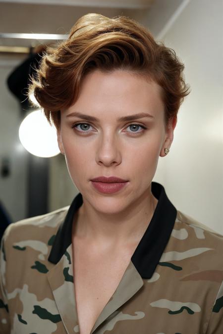 photography of scarlettjohansson, <lora:mod4UP_ai-000097:0.6>, ginger short hair, plump red lips ,eyeliner, makeup, soft diffused lighting, in a utility closet, from above, Morning , Camouflage clothing