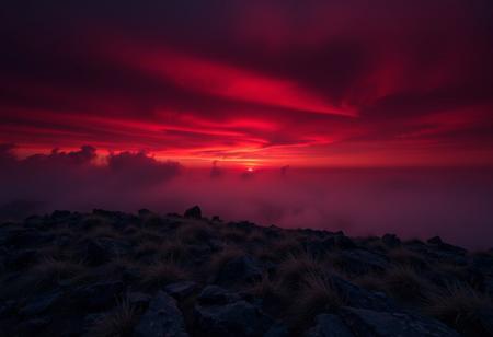 A crimson-hued sunset descends upon a rugged terrain, where wispy clouds and misty fog envelop the landscape in an eerie atmosphere. A dark, muted palette dominates, with deep oranges and purples bleeding into the distant haze. Cinematic lighting casts long shadows, imbuing the scene with dramatic tension. The camera pans across the terrain, capturing every nuance of fine detail, from the wispy grasses to the weathered rocks. A masterpiece of composition and atmospheric mastery, this breathtaking image demands attention.