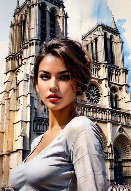 Portrait, close-up, Masterpiece, best quality, half body, only one very beautiful French woman in fashion design Clothes, ink painting style, landmark Notre Dame Cathedral, perfect poses,
soft colors, smooth strokes, low angle, ink painting in the style of such artists, Style by Gabriele Dell'otto, AI Midjourney, bright saturated colors, paints,
Darek Zabrocki, Russ Mills, Antonio Mora, Benedick Bana, Sakimichan, Loish,Movie Poster
