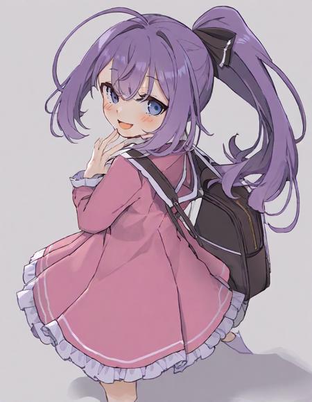 1girl, ahoge, ass, backpack, bag, blue eyes, blush, child, cowboy shot, dress, from behind, hand to own mouth, leaning forward, long hair, long sleeves, looking at viewer, looking back, open mouth, pink dress, ponytail, purple hair, sidelocks, simple background, smile, smug, white background, <lora:Style_-_kame_kamepan44231-000001>