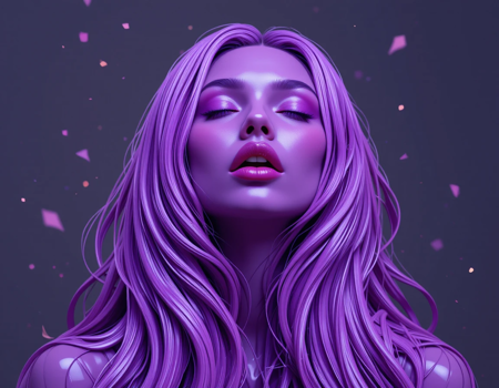 A close-up portrait of a woman with a hyperrealistic, almost sculpted, appearance. Her skin is a vibrant, glossy purple, highlighted with  reflective highlights and a soft, rosy blush.  Her lips are open in a surprised or expressive gesture,  and her eyes are closed, creating a sense of serenity or introspection.  The hair is long, flowing, and a similar, vibrant purple,  with a sinuous, almost liquid texture, resembling an abstractly intertwined mass of ribbons or flowing strands of liquid. The hair drapes and flows around and over the woman's body, creating a dynamic, textured aesthetic.  The background is a dark, neutral tone with scattered, small, light Purple highlights, acting as a subtle backdrop that still emphasizes the Purple color theme of the subject. The overall style leans towards stylized realism or surrealism, emphasizing the smooth, almost liquid forms, and vibrant color palette.