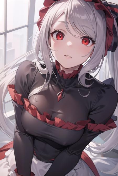 shalltear, grey hair, long hair, (red eyes:1.5), silver hair, black dress, bonnet, bow, dress, frilled dress, frills, large bow, long sleeves, vampire,