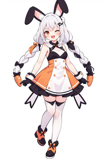 <lora:clear_Alice_eye:1>, 1girl, usada pekora, food-themed hair ornament, virtual youtuber, animal ears, hololive idol uniform, solo, carrot hair ornament, rabbit ears, blue hair, braid, twin braids, gloves, one eye closed, thighhighs, long hair, idol clothes, white gloves, striped, white hair, striped thighhighs, white background, hair ornament, multicolored hair, open mouth, animal ear fluff, official alternate costume, smile, bow, two-tone hair, breasts, simple background, white footwear, vertical-striped thighhighs, full body, thick eyebrows, twintails, white bow, vertical stripes, skirt, rabbit girl, looking at viewer, standing on one leg, alternate costume, ;d, standing, bangs, single thighhigh, carrot, v, red eyes, boots, dress, orange eyes, short eyebrows, sleeveless, wrist cuffs, medium breasts, white dress