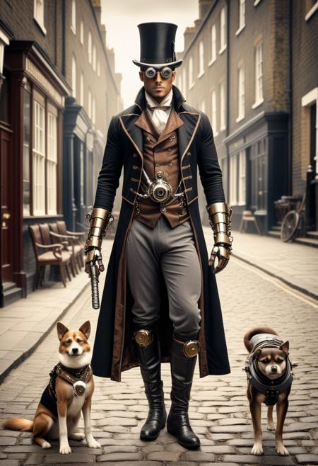 An elegantly dressed cyborg man with a mechanical arm on a cobblestone street in 18th century London.  Muscular, broad-shouldered, tall, qu4ntum, steampunk, top hat, goggles, leather gloves, cyborg dog beside him.
score_9, score_8_up, score_8, award winning photography, high quality details, high contrast, bokeh, sepia tone, highly detailed, textures.
Photo realistic, sharp detail, high quality image with incredibly detailed machine parts, brass, copper, steel, perfect focus, depth of field, steampunk detailing.