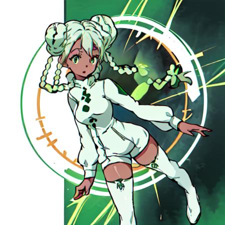 Gundam_Reconguista_in_G, short hair,1girl, solo,blue eyes, long sleeves,boots, green hair, white thighhighs, dark-skinned female, zettai ryouiki, double bun, buttons, thigh boots, short dress, white footwear, hair rings, white capelet, short jumpsuit