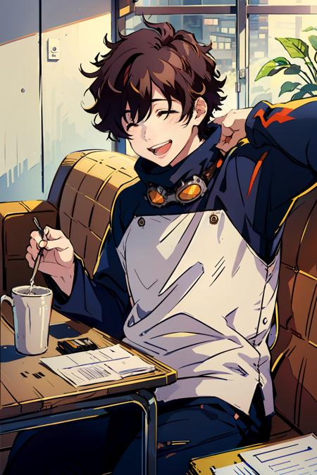 masterpiece, best quality, <lora:lw:1>,1boy, solo, male focus, closed eyes,smile, goggles around neck, goggles, open mouth, couch, sitting, brown hair, apron, short hair, table