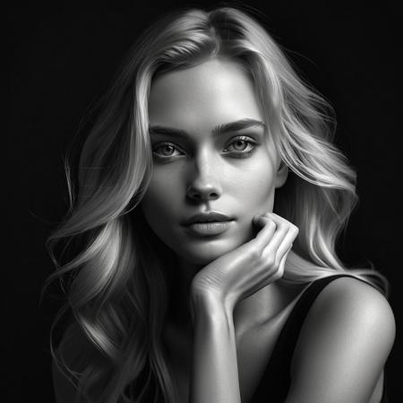 Create a high-resolution black-and-white portrait of a woman with long blonde hair, styled in a relaxed and natural way. The woman should be positioned slightly to the left, with her face angled towards the camera and her hand gently touching her chin. The background should be a plain, dark backdrop, allowing the focus to remain on her facial expression and features. The lighting should be soft and directional, highlighting the contours of her face and hair, while creating subtle shadows for depth and dimension.