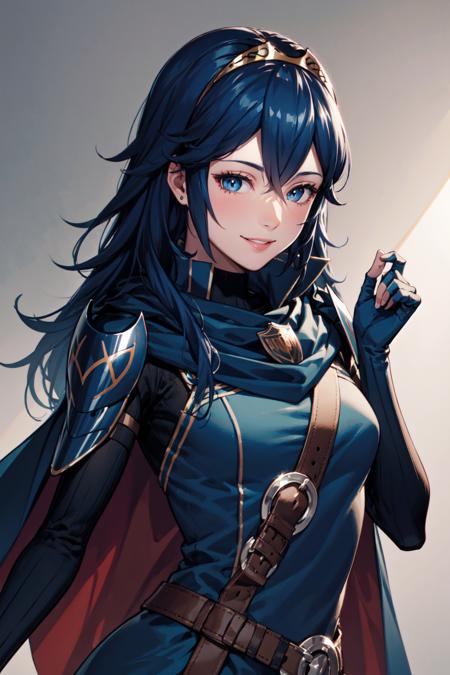 1girl, blue hair, blue eyes, solo, tiara, hair between eyes, fingerless gloves, blue armor, cape, necklace, mature female, <lora:lucina-03:1>, facing viewer, medium breasts, standing, smile