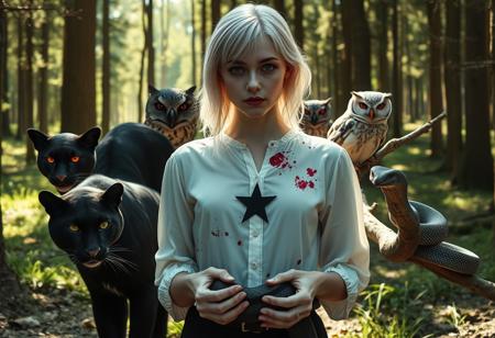 In a sunlit forest clearing, a young woman in her early twenties with silver-white hair stands unnervingly still. Her white blouse, marred by dark red stains, starkly contrasts with her pale, almost translucent skin. A simple black five-pointed star emblazoned on her chest adds a disturbing element to the otherwise bright scene. Her eyes, glowing with a faint but unsettling crimson light, seem to pierce through the sunlight with an eerie intensity.
Surrounding her in a tense, surreal formation are twelve wild creatures. A black panther, its fur catching the sunlight in a way that makes it almost shimmer, crouches nearby, its eyes reflecting an unsettling red. Perched on nearby branches, two owls with glowing crimson eyes blink slowly, their gaze watching the scene with an unnerving calm. A large snake, its blue-black iridescent scales shimmering ominously, coils around a sunlit branch, its eyes fixed in a menacing stare.
In her hands, the young woman holds a worn cardboard sign that reads, ‘We Come in Peace,’ which contrasts starkly with the disquieting aura of the scene. The forest floor, bathed in bright sunlight, casts sharp, shifting shadows that heighten the unsettling juxtaposition between the sunny day and the eerie, surreal presence of the girl and the animals