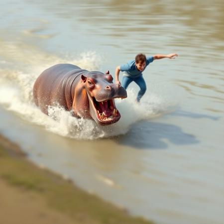 a person being chased by a hippopotamus, the animal is  angry