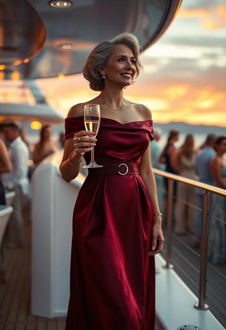 A highly detailed, photorealistic, cinematic film still of an attractive 50 year old woman. She is a realistically slim, with tanned skin and realistically saggy breasts. She is looking stunning wearing a (A classic off-shoulder ball gown made from luxurious satin in a deep wine colour. The neckline gently drapes across the shoulders, creating an alluring yet age-appropriate silhouette. The fitted bodice transitions into a full, pleated skirt, complete with discreet pockets. A subtle, built-in belt cinches the waist for an hourglass figure:1.3). Her make-up and jewellery add a touch of class to her outfit. She is on board a Mediterranean superyacht at a busy cocktail party, It is sunset, beautiful colours illuminating the ship. She is holding a glass of champagne and happily looking around the deck, as if she is waiting for a lover or a friend.