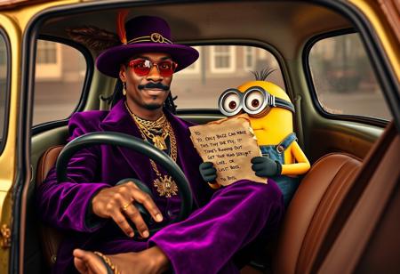 An anthropomorphic Snoop Dogg, radiating smooth charisma, sits confidently in the driver’s seat of a quirky, vintage Fiat 500. He’s decked out in his usual pimp regalia—deep purple velvet suit, wide-brimmed hat adorned with a feather, gold chains, and flashy rings—gripping the steering wheel with cool authority, his stylish cane resting against the dashboard.
In the cramped passenger seat, a mischievous Minion lounges next to him, its wide eyes peeking out from behind oversized goggles. Dressed in its classic blue overalls, the Minion holds a crumpled, slightly torn letter in its small hands. The edges of the letter are singed and stained, and the messy handwriting reads:
"YO, ONLY BUZZ CAN MAKE THIS TINY RIDE FLY.  
TIME’S RUNNING OUT—GET YOUR HEAD STRAIGHT OR LOSE IT.  
-THE BOSS."
Inside the Fiat, the interior is worn but still exudes retro charm with cracked leather seats and vintage details. Outside, a neon-lit Miami backdrop of swaying palm trees and gritty, shadowy streets contrasts sharply with the quirky little car. The scene is hyperrealistic, blending Snoop’s laid-back, larger-than-life presence with the Minion’s playful mischief and the car’s eccentric appeal, creating a vibrant, highly detailed tableau full of energy, humor, and surreal flair.