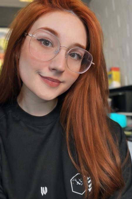 Photo of h4ruj199ly woman, detailed face, (blurred background)+, black tshirt, redhead, glasses