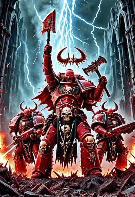 A squad of Chaos Space Marines from the Blood Legion of Khorne, drawn from the World Eaters Traitor Legion, standing together in a brutal battlefield scene. Each marine wears jagged, blood-red power armor forged from bloodsteel, with glowing brass trim and Chaos symbols etched into the plating. Their helmets are horned or skull-faced, some holding chainaxes dripping with gore, others carrying daemon-infused bolters or massive hellblades. Spikes, skull trophies, and runic etchings cover their armor. The warriors are posed in aggressive stances, surrounded by fire, smoke, and the ruins of a shattered cathedral. Lightning flashes in the sky, casting dramatic shadows across their brutalist forms. Behind them, a towering Bloodletter daemon howls in fury. Cinematic group composition, ultra-realistic textures, 8K concept art, grimdark atmosphere, “Blood for the Blood God!”
