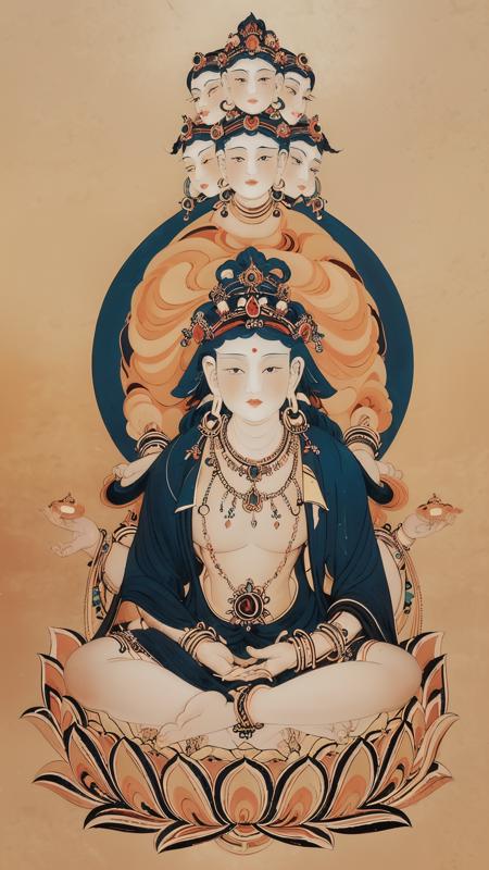 Duohuan,(illustration:1.1),(bestquality),(masterpiece:1.1),soft portrait shot 8 k,jewelry,solo,1boy,barefoot,holding,sitting,necklace,bracelet,male focus,indian style,circle,earrings,full body,lotus throne,Heavenly eye,Multiple heads,
<lora:Dunhuang V2.0-000009:1>,