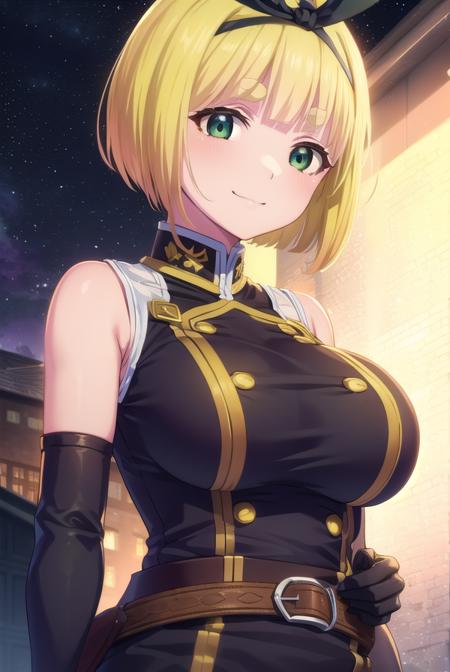 shushu suruga, short hair, bangs, hair ribbon, hairband, blunt bangs, thick eyebrows, (green eyes:1.3), yellow hair, gloves, shorts, elbow gloves, belt, buttons, military uniform, military, bare shoulders, black military uniform,