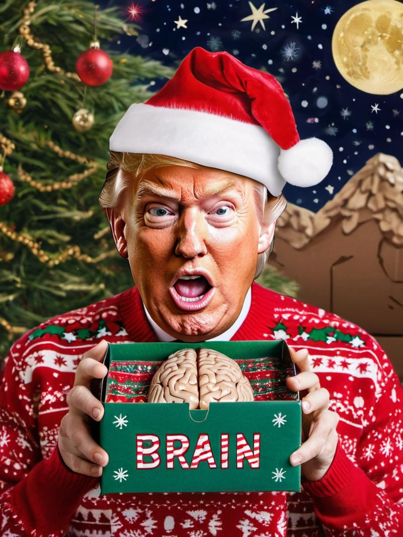 Man in Santa hat holding a brain in a green box.