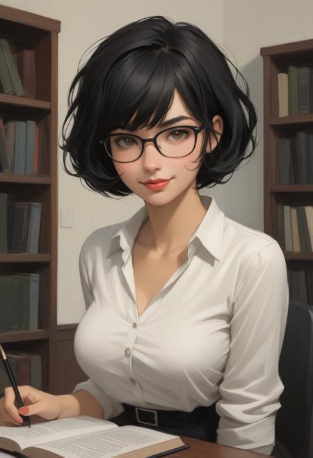 dystopian dark ambient, one married woman, sexy librarian , black messy hair, action pose, short hair with bangs, natural makeup, captivating, cute smile, minimalist, sunken cheeks, slender frame:1.6, big breasts:1.2, detailed, painterly , style of malcolm liepke