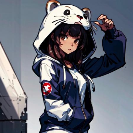 (masterpiece:1.2), (best quality:1.2), (high res:1.2),1girl , otter hoodie, <lora:OtterHoodie_v1:0.5>, open jacket, shirt,