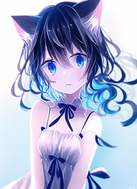 <lora:konekomari2-000035:1>, unknown, original, koneko mari, 1girl, animal ear fluff, animal ears, bangs, blue eyes, bow, cat ears, cat girl, closed mouth, dress, dress bow, hair between eyes, long hair, looking to the side, signature, solo, sundress, upper body