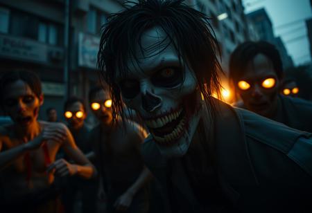 photo , Film Still, Cinematic ,Blanco Brown - 7 days to die, Zombies hoard attack suriviors, urban decay, glowing eyes, in every shadow death does embark