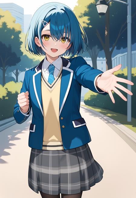 aayuuhi, short hair, blue hair, hair ornament, yellow eyes, mole under eye, school uniform, blue necktie, collared shirt, yellow sweater, blazer, blue jacket, open jacket, long sleeves, plaid skirt, grey skirt, black pantyhose