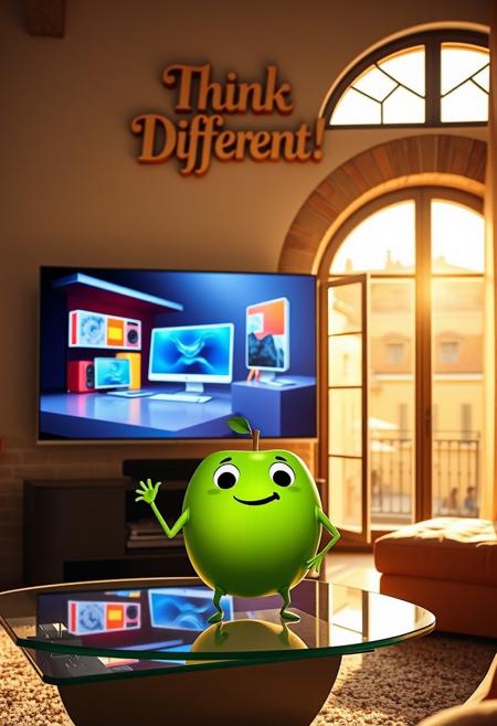 "In a stylish Italian apartment, a cartoonish green apple with playful eyes, simple arms, and legs sits on a sleek glass coffee table, watching a cutting-edge OLED TV mounted on the wall. The TV showcases a vibrant Apple computer commercial in stunning 4K, with futuristic product designs flashing across the screen. Sunlight pours in through a large arched window, casting a warm, golden glow over the room, with a view of a charming piazza and terracotta rooftops.
The green apple, with exaggerated, expressive eyes and a big smile, leans forward eagerly, its limbs wobbly and exaggerated like a fun cartoon character. Above the TV, a colorful, intricately designed cardboard sign reads 'Think Different!' in a quirky, Renaissance-meets-modern font. The sign is laser-cut, backlit by soft LED lights, giving it a glow that adds to the room's mix of history and technology.
The apartment blends classic Italian architecture with sleek tech. Exposed brick walls meet high-tech digital art frames that display rotating artwork. Smart lighting subtly shifts to match the atmosphere, while the soft hum of a voice-activated espresso machine fills the air with the scent of coffee. The green apple's glossy, cartoon-like body fits perfectly in this fusion of traditional Italian elegance and playful, futuristic style."