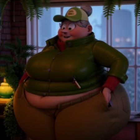 <lora:Earth Mama:0.75> 3d cartoon, anatomically correct, masterpiece, best high quality, ultra details, realistic, RAW Photo, perfect anatomy, 4k, 8k, quality lighting, detailed hands, detailed eyes, solo, obese, elderly, woman, red top, green puffer jacket, brown pants, green hat, grey hair in a bun, massive thighs, massive hips, massive ass, huge boobs, big belly <lora:BGV5EX:1>  <lora:add_detail:1>