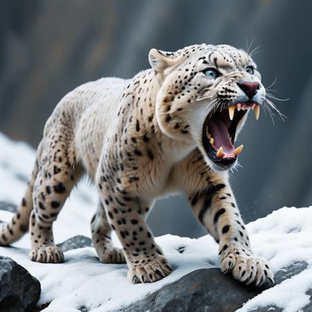 
highly detailed documentary photo of a (snow loepard):1.0 ready to attack in a snowy mountain pass,

snow leopard, open mouth, fangs, 

depth of field:1.2, blurry, blurry background,
realistic:1.1,

photorealistic,
32k, best quality, 
shadow play:1.1,
light and dark,




