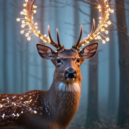 close up photo of a deer, forest, haze, halation, bloom, dramatic atmosphere, centred, rule of thirds, 200mm 1.4f macro shot, wearing christmas lights, bells, holly