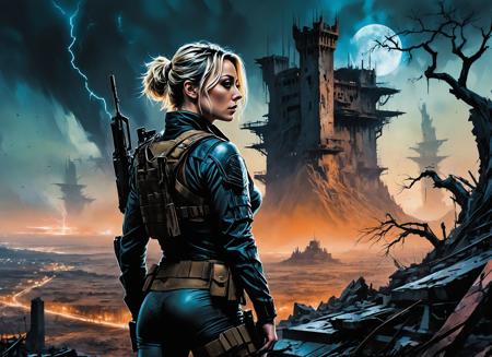 (Kaley Cuoco), nighttime, cyberpunk city, dark, raining, neon lights , (<lora:ScrapBuiltAI:0.5> scrapbuiltai ), cyberpunk, synthwave, 1980s, futurism, brutalism, neuromancer, cinematic photo in Planet jupiter, Power girl, supergirl, blonde,(wearing a sports bra,wearing a parka),Amid the ruins of a once-majestic fortress, a soldier pauses, her silhouette ghostly against the backdrop of shifting terrains that oscillate between detailed battle maps and molten landscapes, Tornado, Barren trees, Menacing,