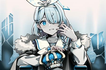 <lora:KING:0.9>, king, looking at viewer, holding, jewelry, earrings, bracelet, crown, throne, arona, 1girl, white hairband, bow hairband, halo, short hair, single braid, school uniform, blue shirt, white sailor collar, long sleeves, white bowtie, white choker <lora:aronaBlueArchive_v1:0.7>