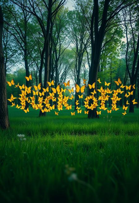 picture of alot of yellow butterflies forming a text: "fuck off" trees and grass background. realistic, dramatic lighting, HDR, masterpiece, trending on artstation, smooth, sharp, bright colors,